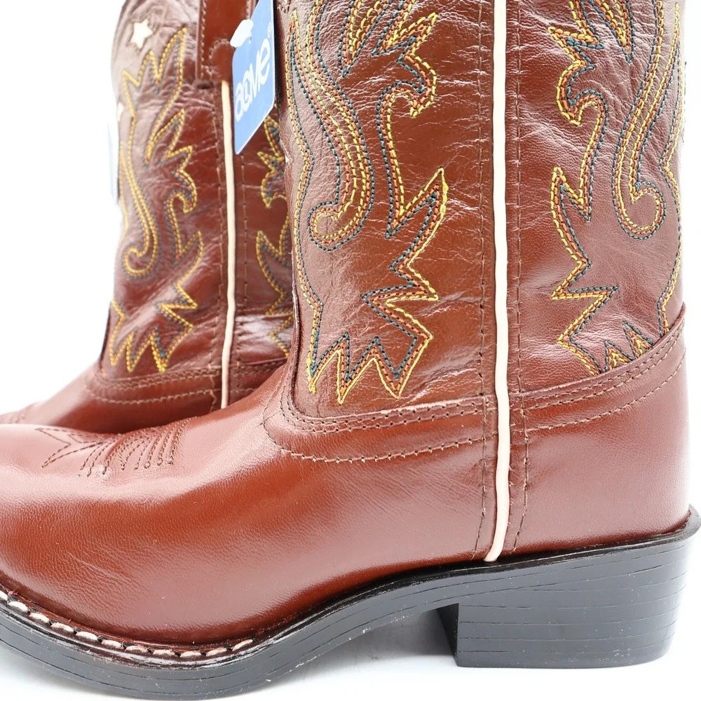 Acme Vintage Style Western Boots Kids 3 Brown Leather NWT AC146 Star Inlay